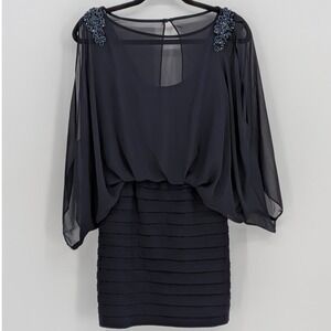 Cache $198 Size 2 Navy Blue Beaded Shoulder Cape Sleeve Tiered Cocktail Dress